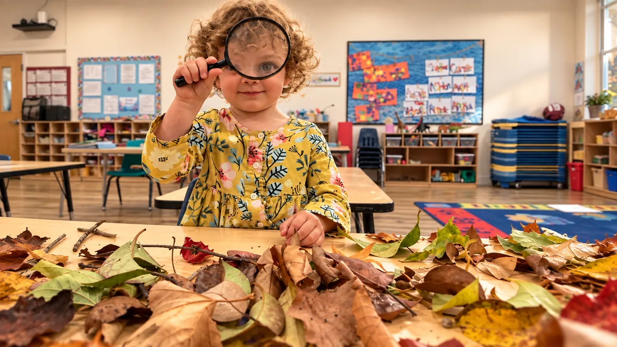 Preschooler looking through a magnifying glass at a table covered in fall leaves