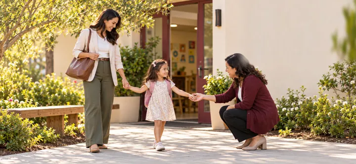 A parent and child greeted by a teacher at Building Kidz San Jose